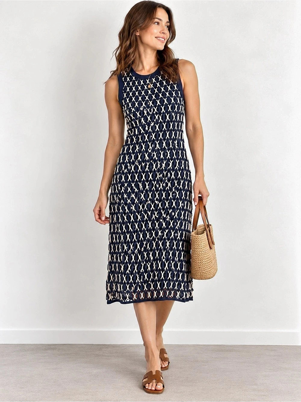 Tory Burch Geometric Knit Midi Dress in Blue & Cream